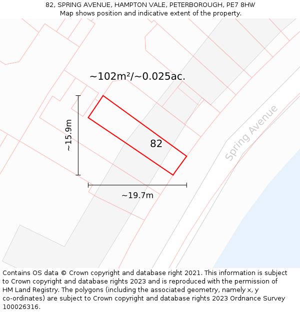 82, SPRING AVENUE, HAMPTON VALE, PETERBOROUGH, PE7 8HW: Plot and title map