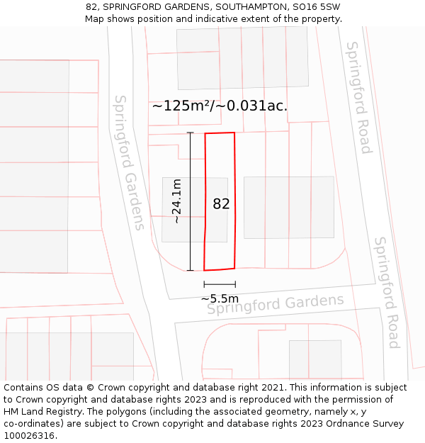 82, SPRINGFORD GARDENS, SOUTHAMPTON, SO16 5SW: Plot and title map