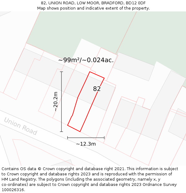 82, UNION ROAD, LOW MOOR, BRADFORD, BD12 0DF: Plot and title map