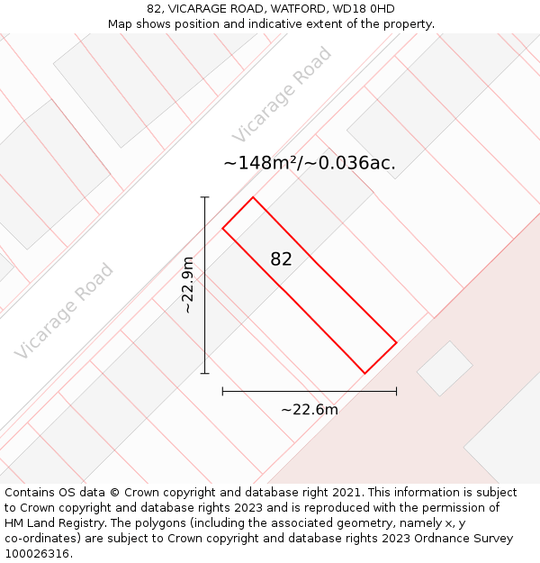 82, VICARAGE ROAD, WATFORD, WD18 0HD: Plot and title map