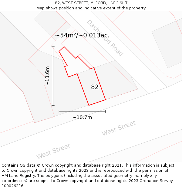 82, WEST STREET, ALFORD, LN13 9HT: Plot and title map