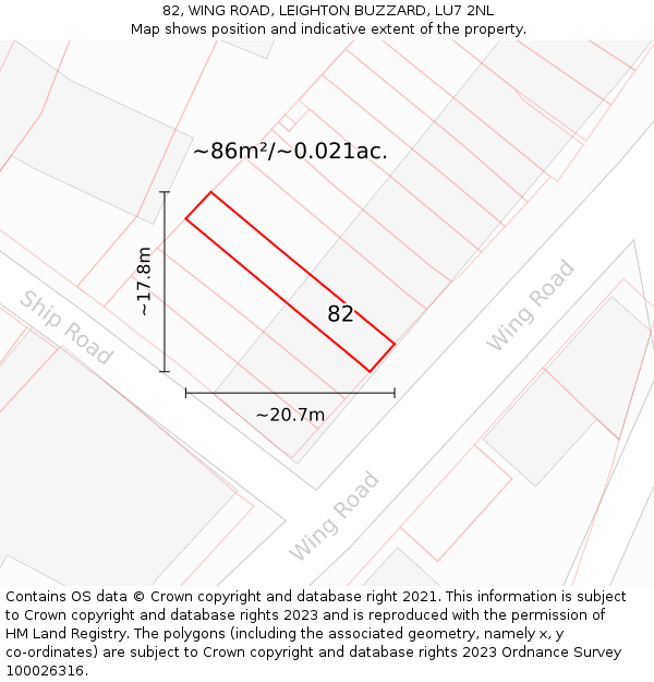 82, WING ROAD, LEIGHTON BUZZARD, LU7 2NL: Plot and title map