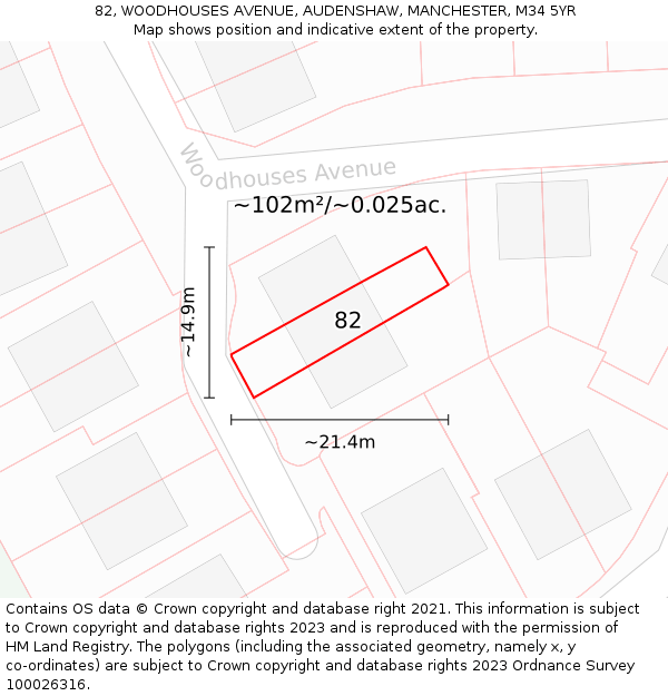 82, WOODHOUSES AVENUE, AUDENSHAW, MANCHESTER, M34 5YR: Plot and title map