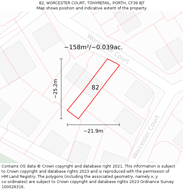 82, WORCESTER COURT, TONYREFAIL, PORTH, CF39 8JT: Plot and title map