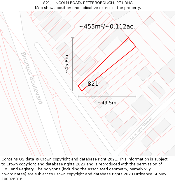 821, LINCOLN ROAD, PETERBOROUGH, PE1 3HG: Plot and title map