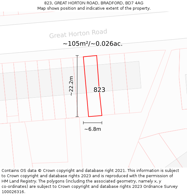 823, GREAT HORTON ROAD, BRADFORD, BD7 4AG: Plot and title map