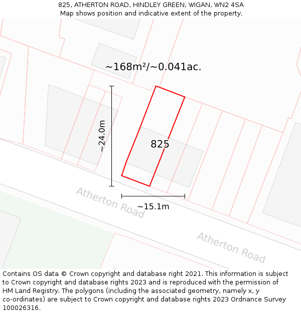 825, ATHERTON ROAD, HINDLEY GREEN, WIGAN, WN2 4SA: Plot and title map