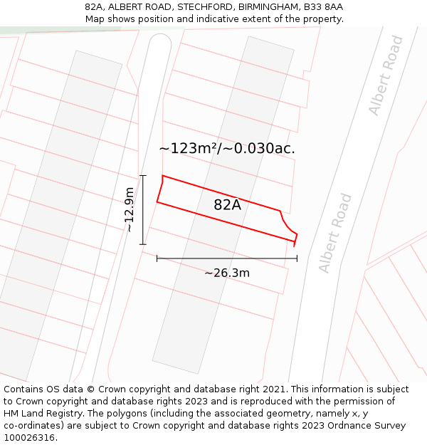 82A, ALBERT ROAD, STECHFORD, BIRMINGHAM, B33 8AA: Plot and title map