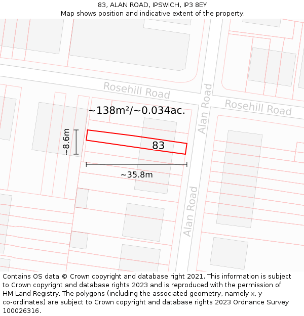 83, ALAN ROAD, IPSWICH, IP3 8EY: Plot and title map