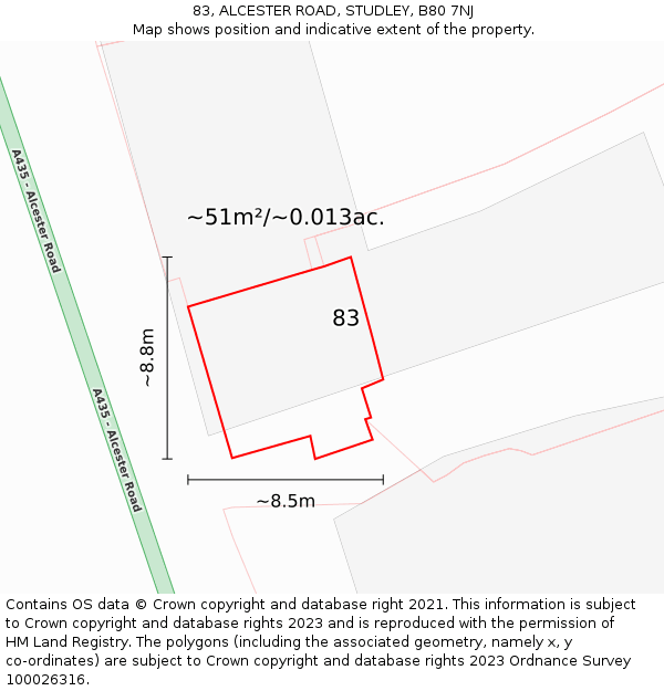 83, ALCESTER ROAD, STUDLEY, B80 7NJ: Plot and title map