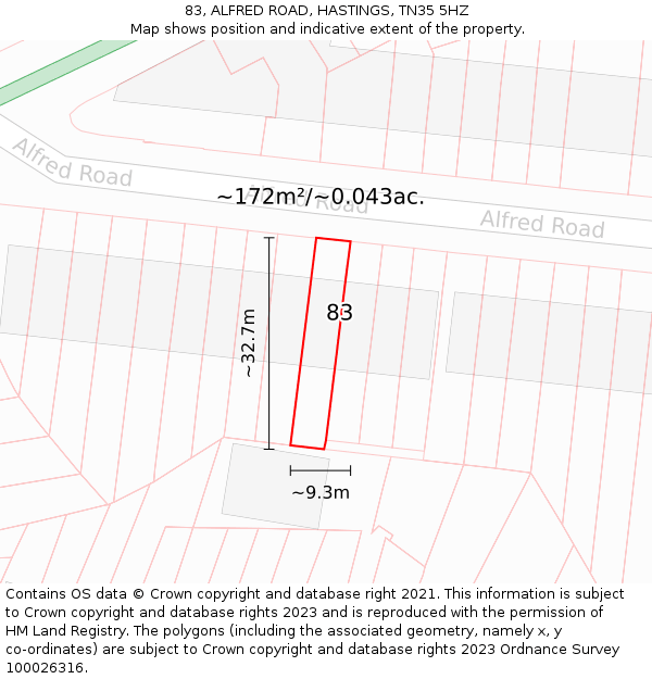 83, ALFRED ROAD, HASTINGS, TN35 5HZ: Plot and title map
