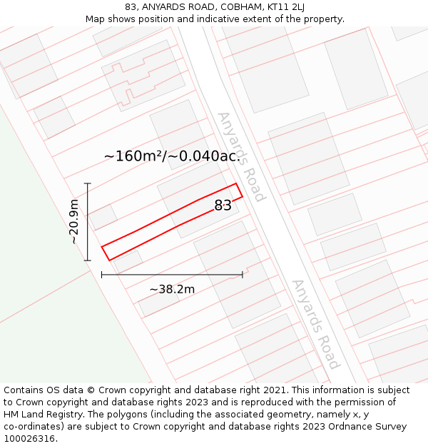 83, ANYARDS ROAD, COBHAM, KT11 2LJ: Plot and title map