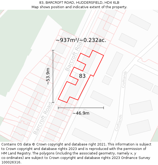 83, BARCROFT ROAD, HUDDERSFIELD, HD4 6LB: Plot and title map