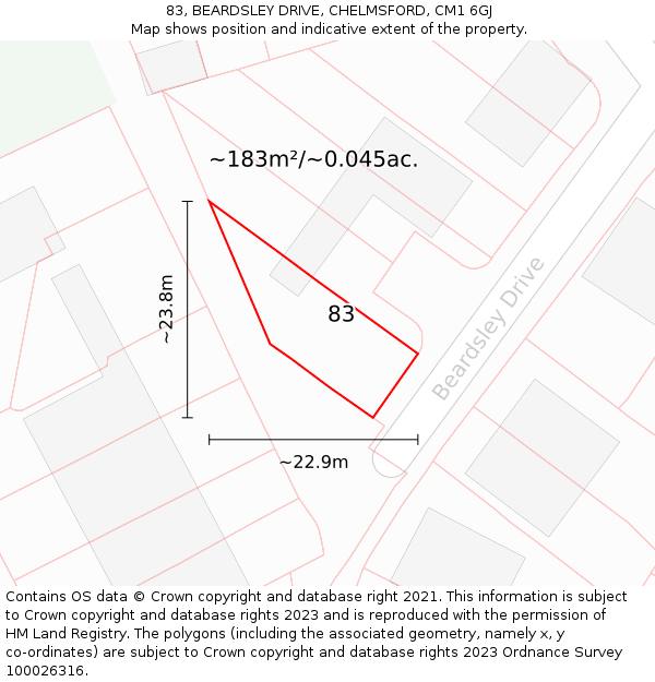 83, BEARDSLEY DRIVE, CHELMSFORD, CM1 6GJ: Plot and title map