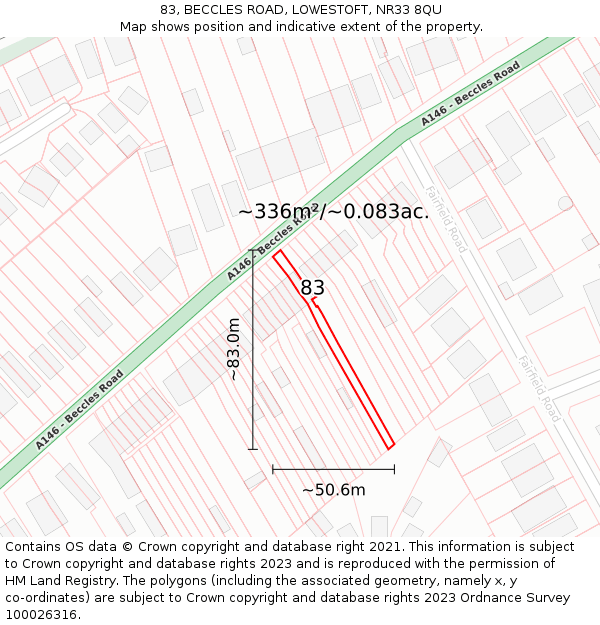 83, BECCLES ROAD, LOWESTOFT, NR33 8QU: Plot and title map
