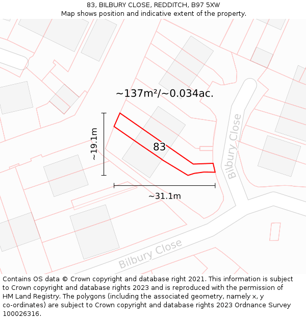 83, BILBURY CLOSE, REDDITCH, B97 5XW: Plot and title map