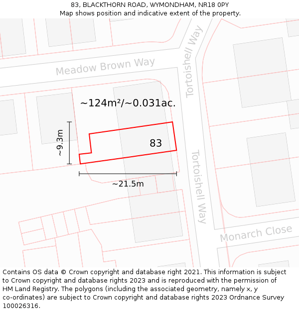83, BLACKTHORN ROAD, WYMONDHAM, NR18 0PY: Plot and title map
