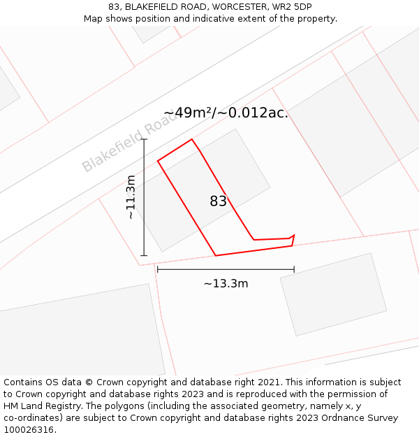 83, BLAKEFIELD ROAD, WORCESTER, WR2 5DP: Plot and title map
