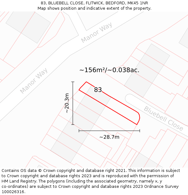 83, BLUEBELL CLOSE, FLITWICK, BEDFORD, MK45 1NR: Plot and title map