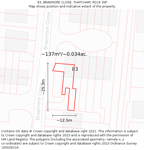 83, BRAEMORE CLOSE, THATCHAM, RG19 3XP: Plot and title map