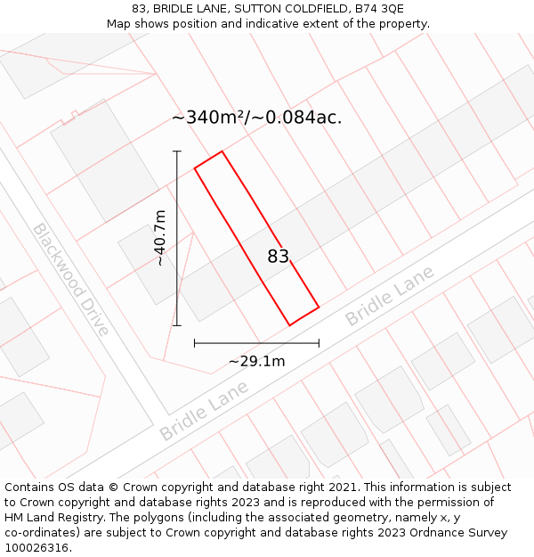 83, BRIDLE LANE, SUTTON COLDFIELD, B74 3QE: Plot and title map