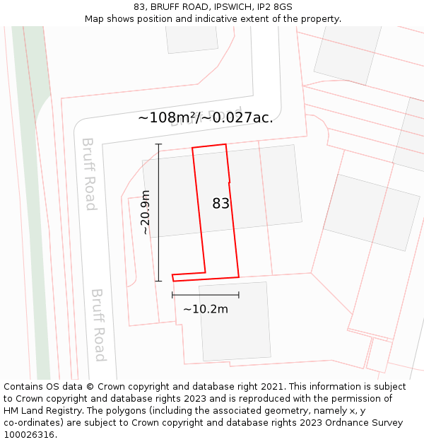 83, BRUFF ROAD, IPSWICH, IP2 8GS: Plot and title map