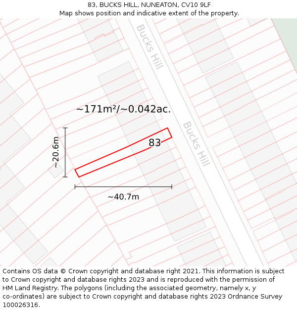 83, BUCKS HILL, NUNEATON, CV10 9LF: Plot and title map