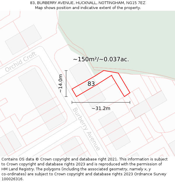 83, BURBERRY AVENUE, HUCKNALL, NOTTINGHAM, NG15 7EZ: Plot and title map