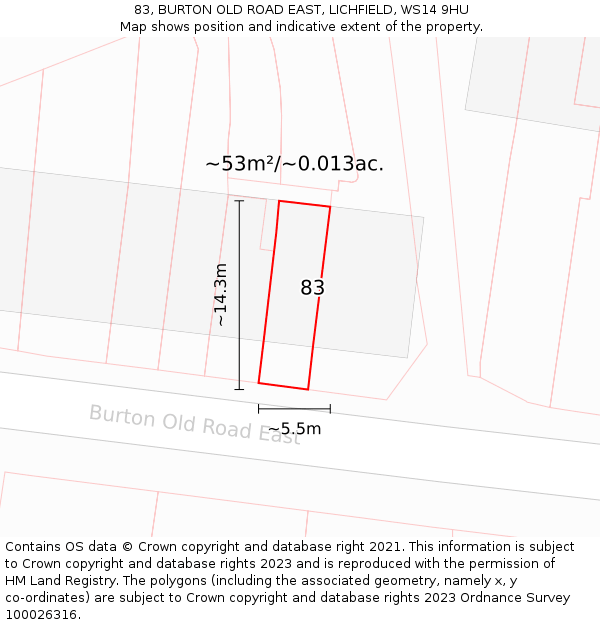 83, BURTON OLD ROAD EAST, LICHFIELD, WS14 9HU: Plot and title map
