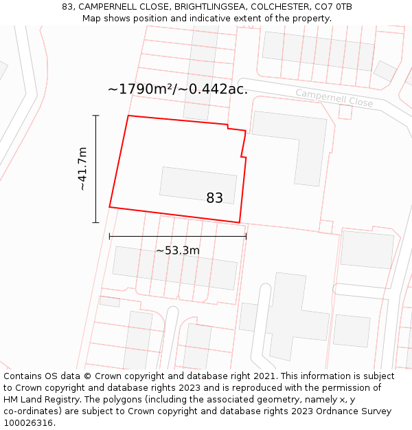 83, CAMPERNELL CLOSE, BRIGHTLINGSEA, COLCHESTER, CO7 0TB: Plot and title map