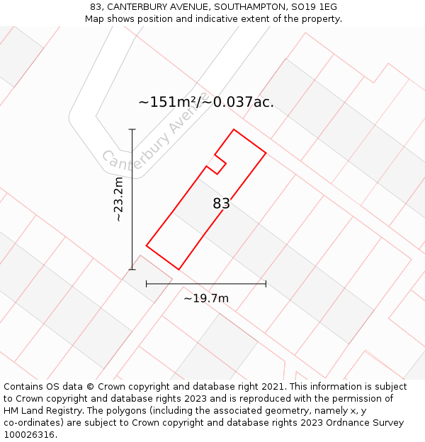 83, CANTERBURY AVENUE, SOUTHAMPTON, SO19 1EG: Plot and title map