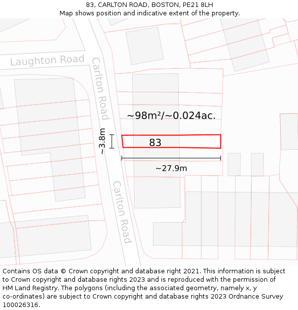 83, CARLTON ROAD, BOSTON, PE21 8LH: Plot and title map
