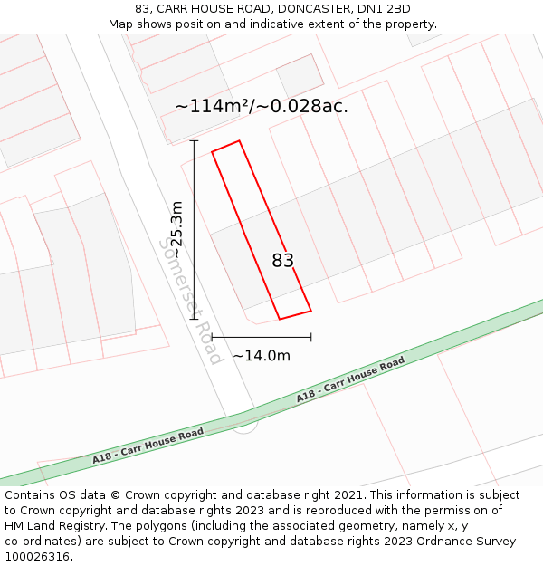 83, CARR HOUSE ROAD, DONCASTER, DN1 2BD: Plot and title map