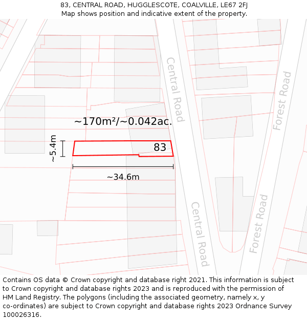 83, CENTRAL ROAD, HUGGLESCOTE, COALVILLE, LE67 2FJ: Plot and title map