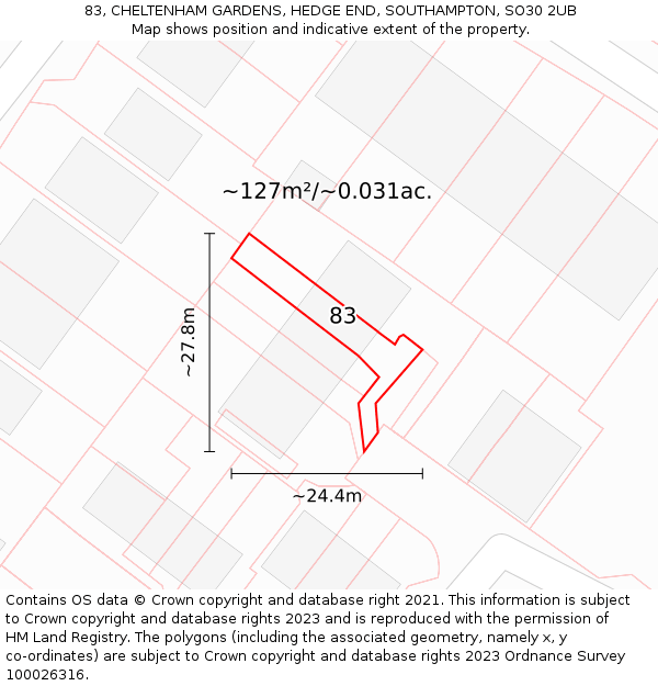 83, CHELTENHAM GARDENS, HEDGE END, SOUTHAMPTON, SO30 2UB: Plot and title map