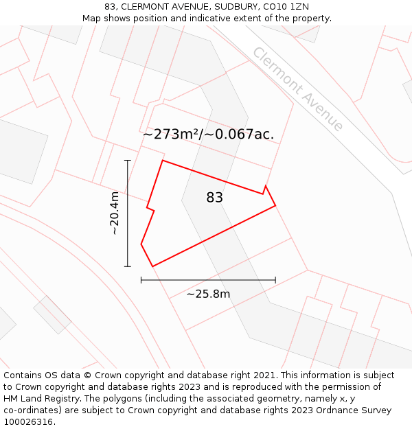 83, CLERMONT AVENUE, SUDBURY, CO10 1ZN: Plot and title map