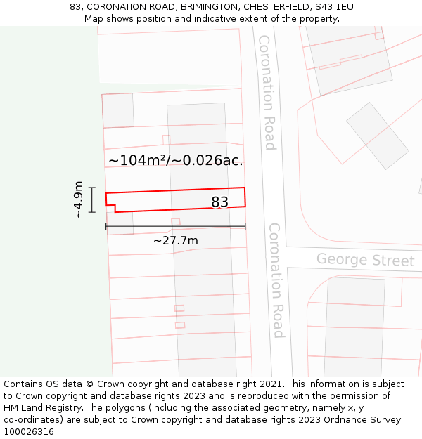 83, CORONATION ROAD, BRIMINGTON, CHESTERFIELD, S43 1EU: Plot and title map