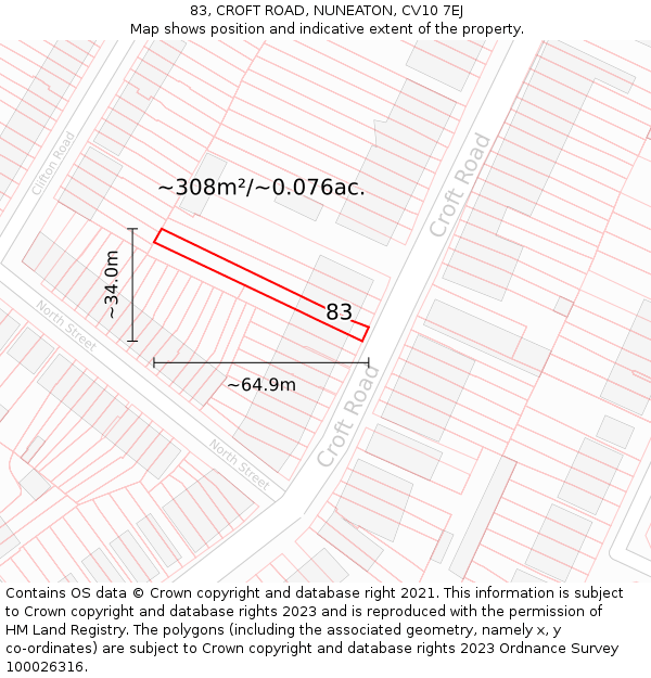 83, CROFT ROAD, NUNEATON, CV10 7EJ: Plot and title map