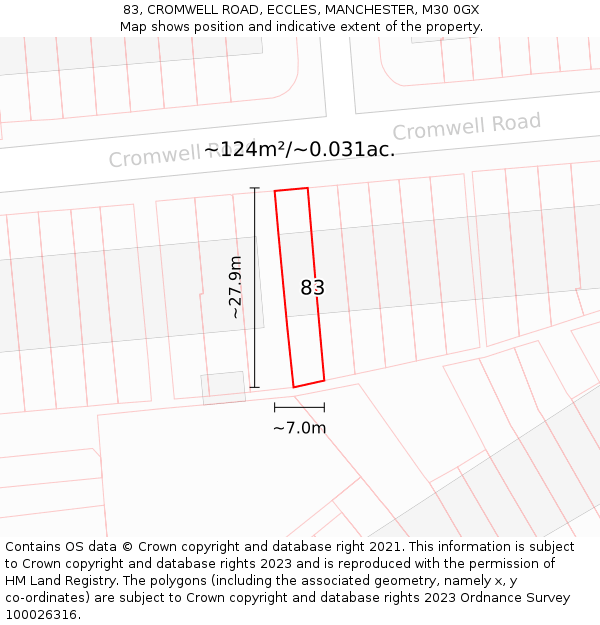 83, CROMWELL ROAD, ECCLES, MANCHESTER, M30 0GX: Plot and title map