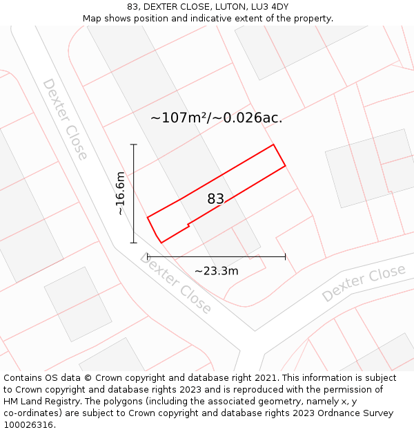 83, DEXTER CLOSE, LUTON, LU3 4DY: Plot and title map