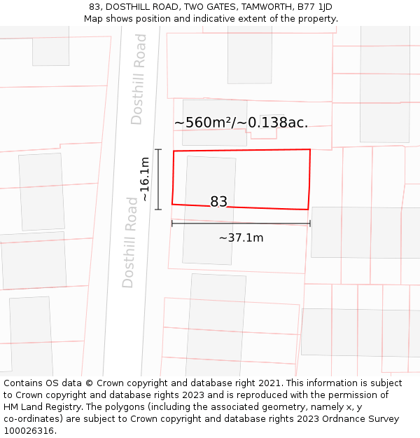 83, DOSTHILL ROAD, TWO GATES, TAMWORTH, B77 1JD: Plot and title map