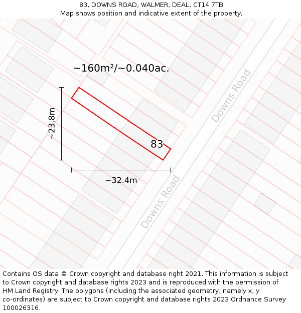 83, DOWNS ROAD, WALMER, DEAL, CT14 7TB: Plot and title map