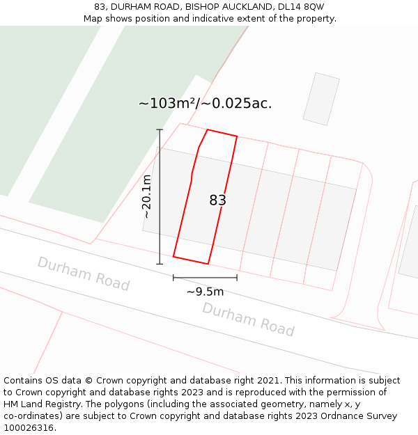83, DURHAM ROAD, BISHOP AUCKLAND, DL14 8QW: Plot and title map