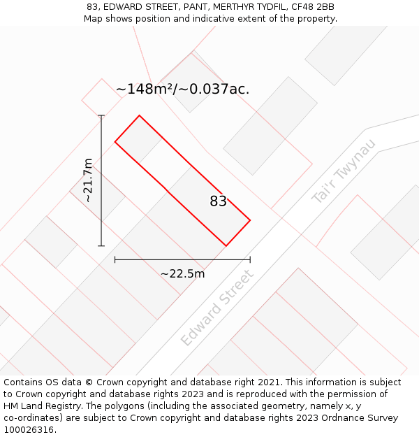 83, EDWARD STREET, PANT, MERTHYR TYDFIL, CF48 2BB: Plot and title map