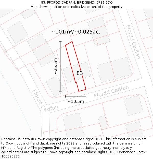 83, FFORDD CADFAN, BRIDGEND, CF31 2DQ: Plot and title map