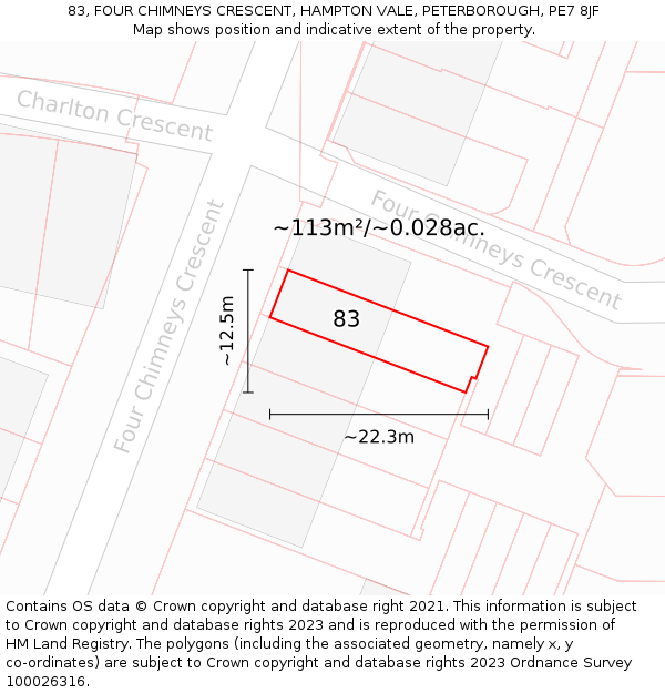 83, FOUR CHIMNEYS CRESCENT, HAMPTON VALE, PETERBOROUGH, PE7 8JF: Plot and title map