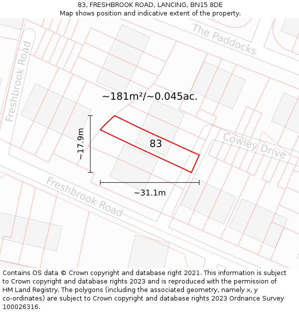 83, FRESHBROOK ROAD, LANCING, BN15 8DE: Plot and title map
