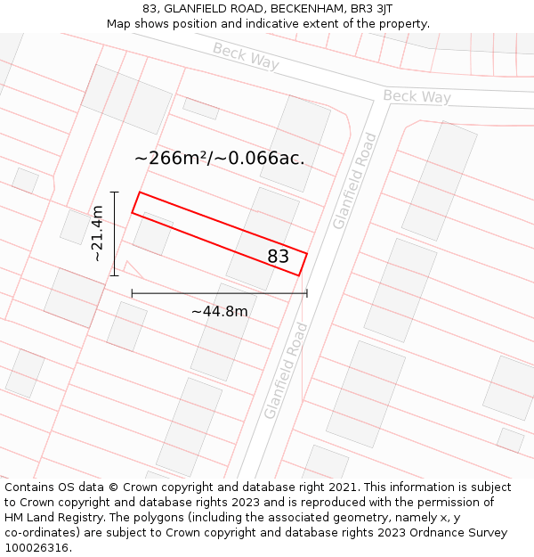 83, GLANFIELD ROAD, BECKENHAM, BR3 3JT: Plot and title map