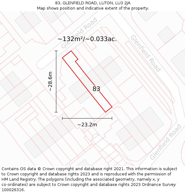 83, GLENFIELD ROAD, LUTON, LU3 2JA: Plot and title map
