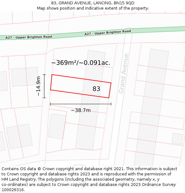 83, GRAND AVENUE, LANCING, BN15 9QD: Plot and title map